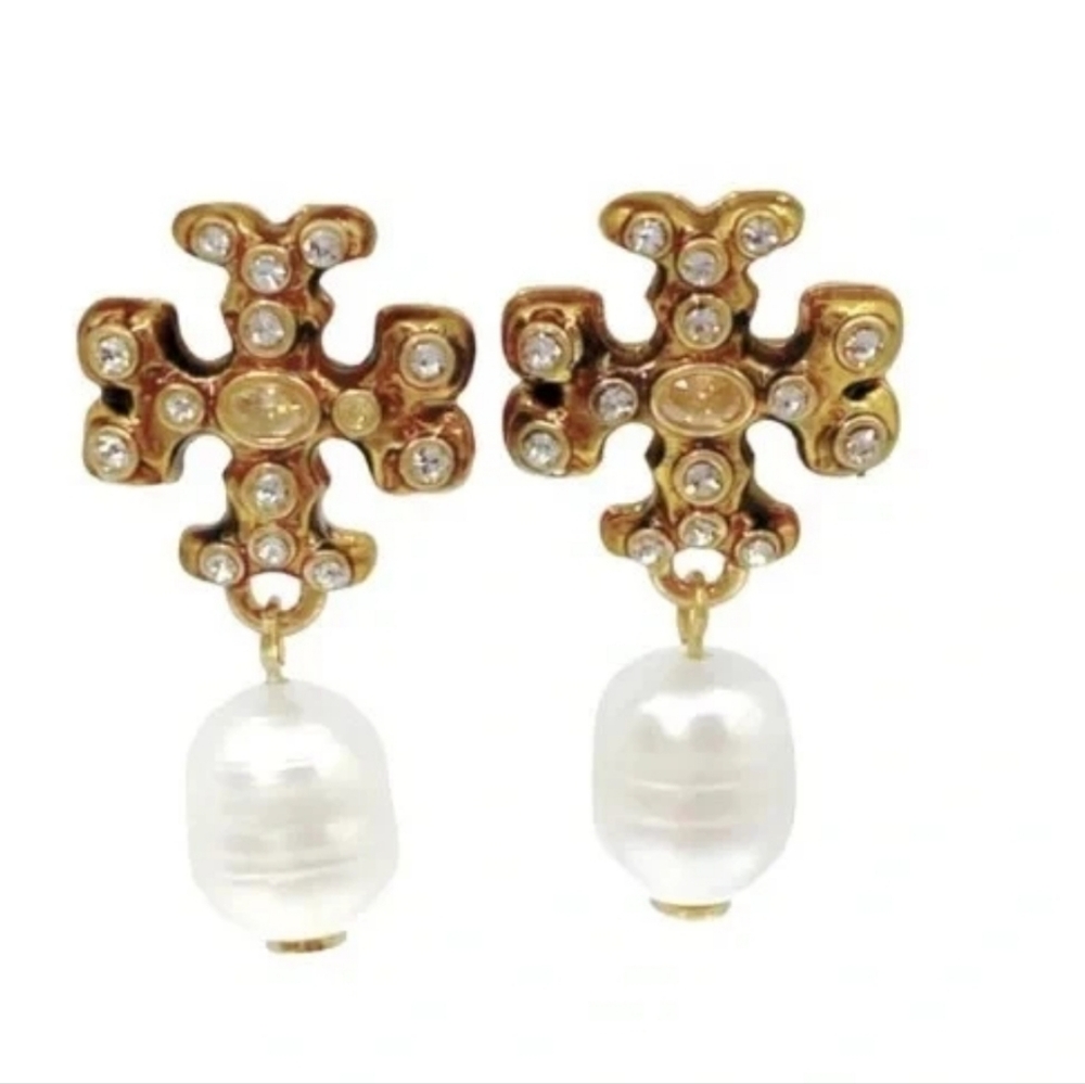 Tory Burch Roxanne Jeweled Natural Drop Pearl Earrings